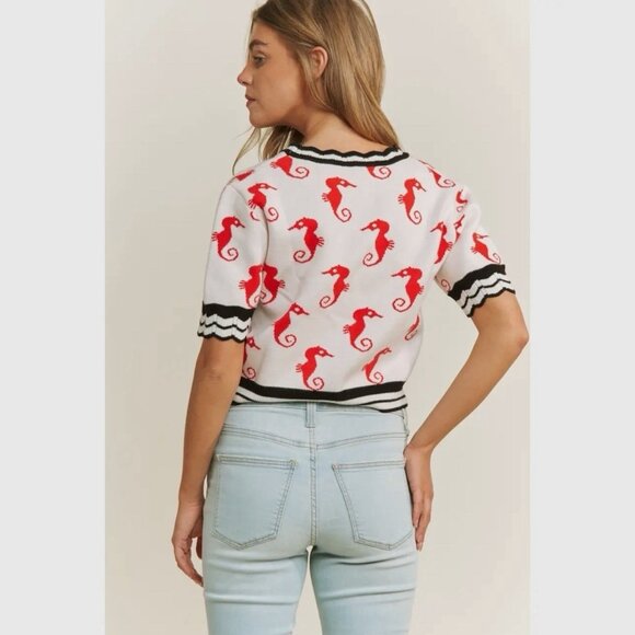 Women Crop Cardigan Size L Cute Red Seahorses Short Sleeves V-Neck Buttons Front - Picture 9 of 10